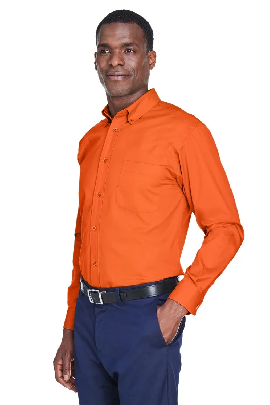 Harriton Mens Wrinkle Resistant Long Sleeve Button Down Shirt w/ Pocket - Team Orange