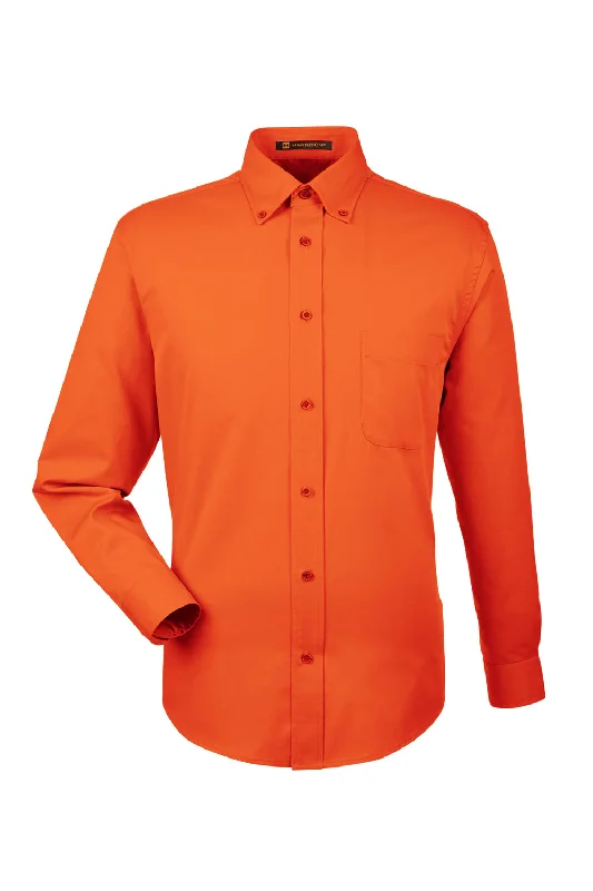 Harriton Mens Wrinkle Resistant Long Sleeve Button Down Shirt w/ Pocket - Team Orange