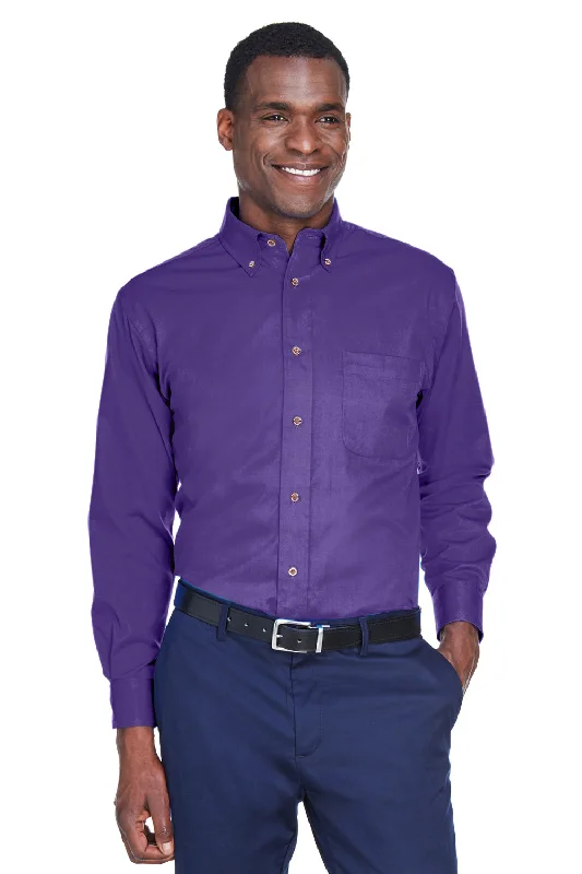 Harriton Mens Wrinkle Resistant Long Sleeve Button Down Shirt w/ Pocket - Team Purple