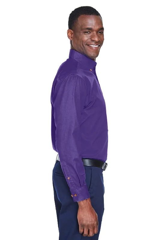 Harriton Mens Wrinkle Resistant Long Sleeve Button Down Shirt w/ Pocket - Team Purple