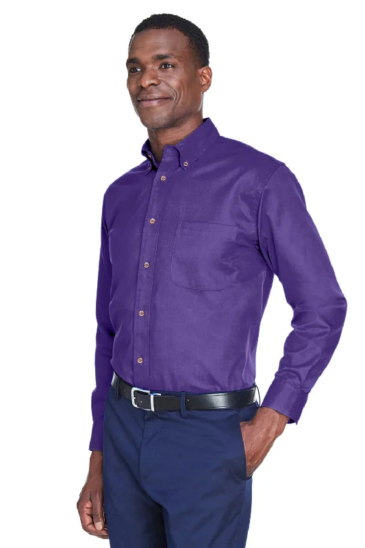 Harriton Mens Wrinkle Resistant Long Sleeve Button Down Shirt w/ Pocket - Team Purple