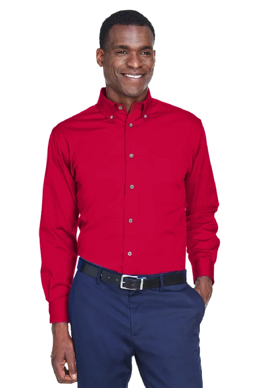 Harriton Mens Wrinkle Resistant Long Sleeve Button Down Shirt w/ Pocket - Red