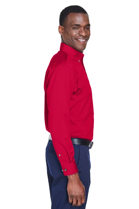 Harriton Mens Wrinkle Resistant Long Sleeve Button Down Shirt w/ Pocket - Red