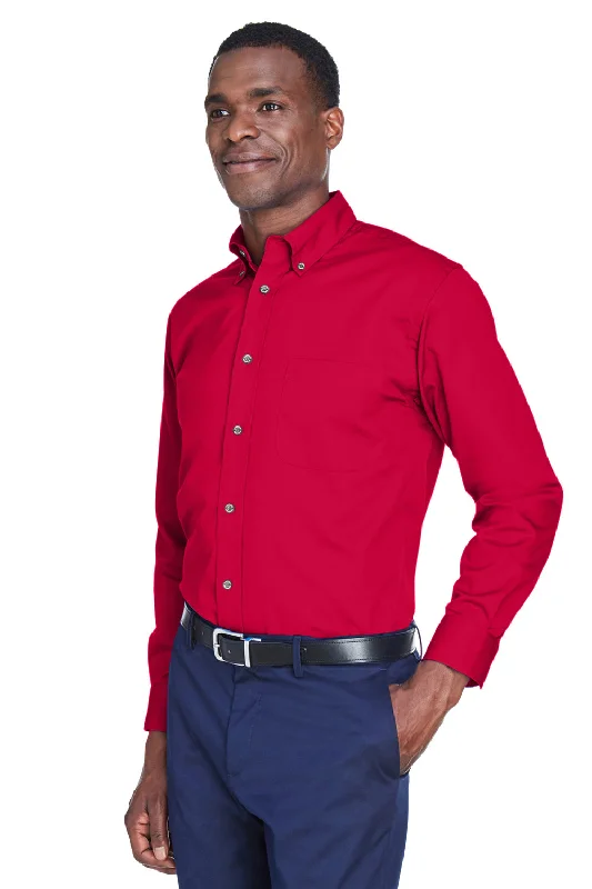 Harriton Mens Wrinkle Resistant Long Sleeve Button Down Shirt w/ Pocket - Red