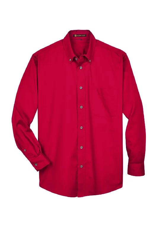 Harriton Mens Wrinkle Resistant Long Sleeve Button Down Shirt w/ Pocket - Red