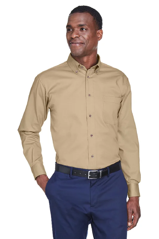 Harriton Mens Wrinkle Resistant Long Sleeve Button Down Shirt w/ Pocket - Stone