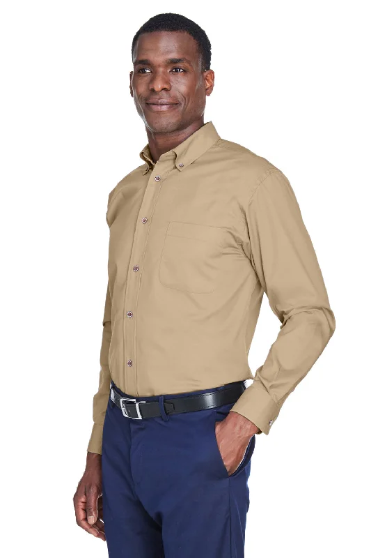 Harriton Mens Wrinkle Resistant Long Sleeve Button Down Shirt w/ Pocket - Stone