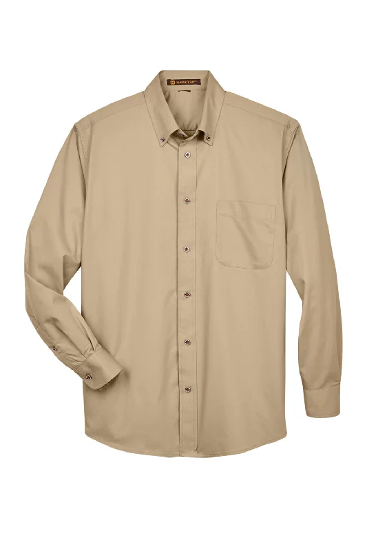 Harriton Mens Wrinkle Resistant Long Sleeve Button Down Shirt w/ Pocket - Stone