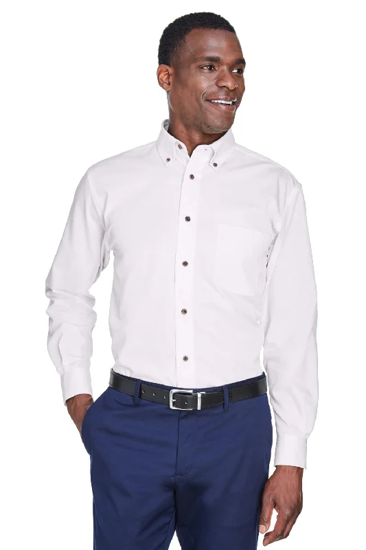 Harriton Mens Wrinkle Resistant Long Sleeve Button Down Shirt w/ Pocket - White