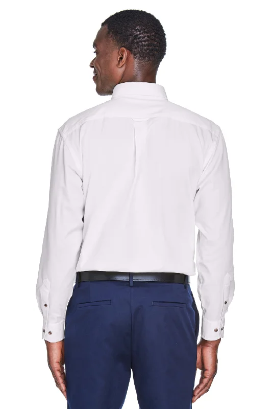 Harriton Mens Wrinkle Resistant Long Sleeve Button Down Shirt w/ Pocket - White