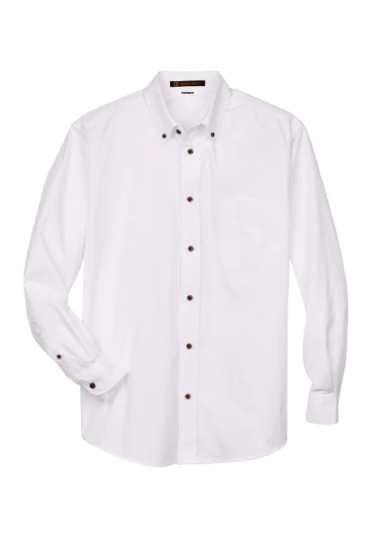 Harriton Mens Wrinkle Resistant Long Sleeve Button Down Shirt w/ Pocket - White