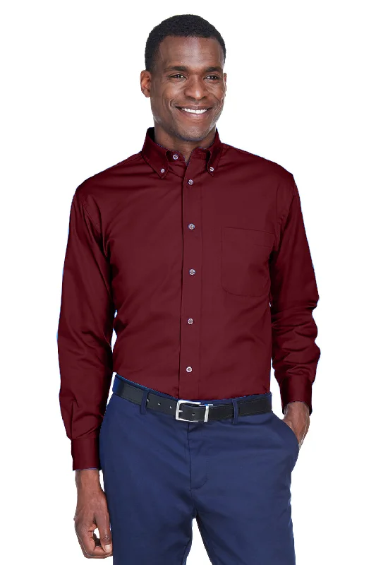 Harriton Mens Wrinkle Resistant Long Sleeve Button Down Shirt w/ Pocket - Wine