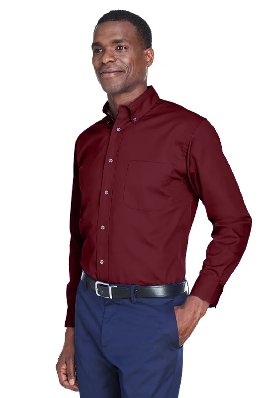 Harriton Mens Wrinkle Resistant Long Sleeve Button Down Shirt w/ Pocket - Wine