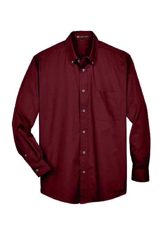 Harriton Mens Wrinkle Resistant Long Sleeve Button Down Shirt w/ Pocket - Wine