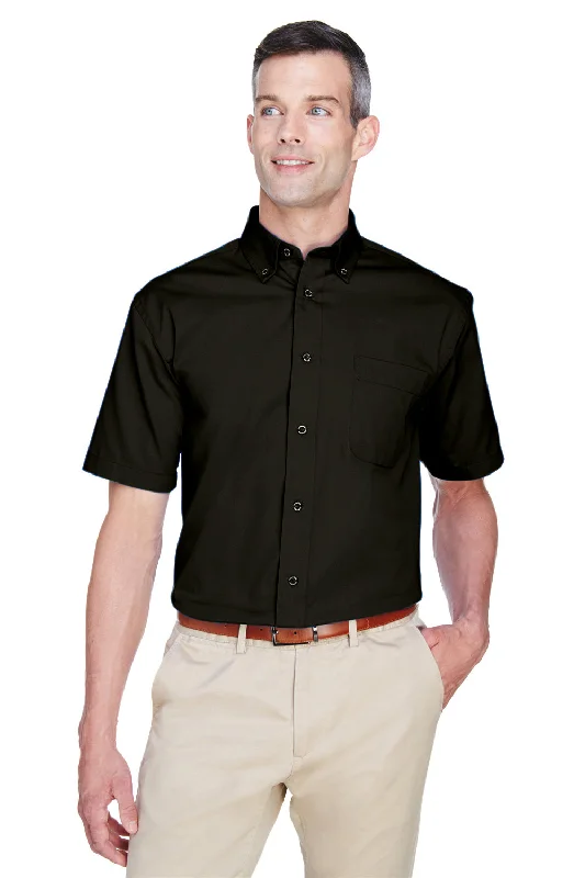 Harriton Mens Wrinkle Resistant Short Sleeve Button Down Shirt w/ Pocket - Black