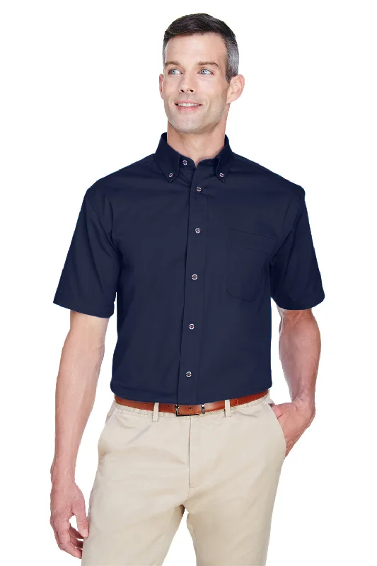 Harriton Mens Wrinkle Resistant Short Sleeve Button Down Shirt w/ Pocket - Navy Blue