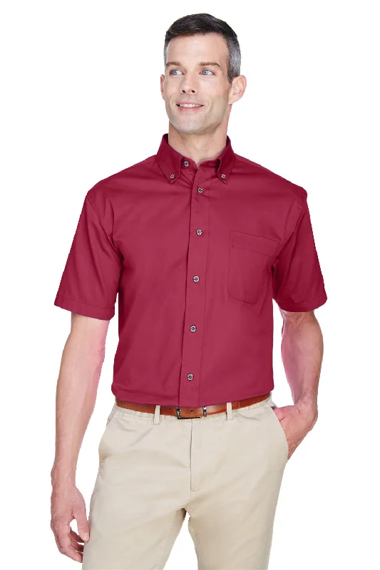 Harriton Mens Wrinkle Resistant Short Sleeve Button Down Shirt w/ Pocket - Wine