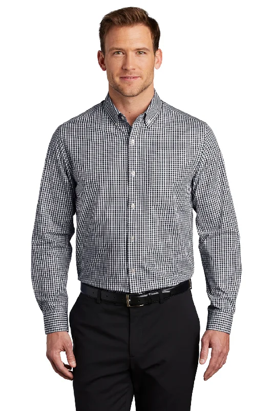 Port Authority Mens Broadcloth Gingham Wrinkle Resistant Long Sleeve Button Down Shirt w/ Pocket - Black/White