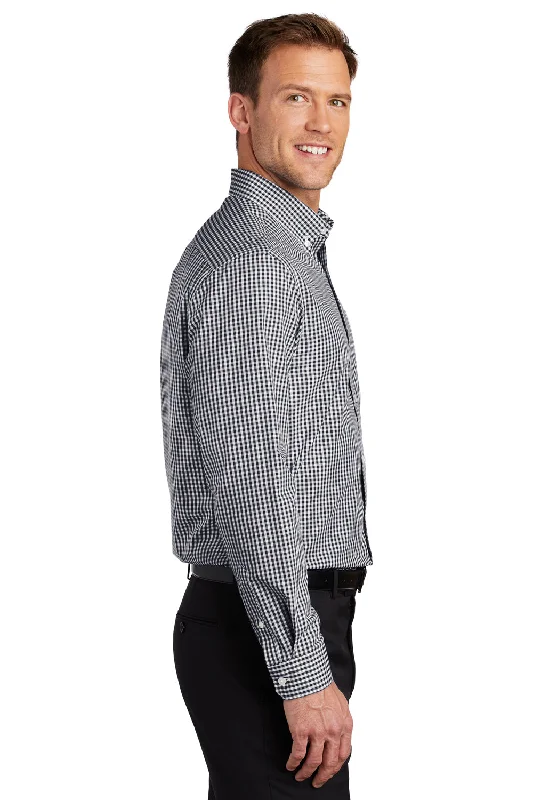 Port Authority Mens Broadcloth Gingham Wrinkle Resistant Long Sleeve Button Down Shirt w/ Pocket - Black/White