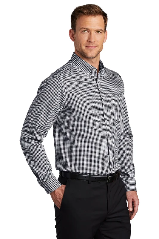 Port Authority Mens Broadcloth Gingham Wrinkle Resistant Long Sleeve Button Down Shirt w/ Pocket - Black/White