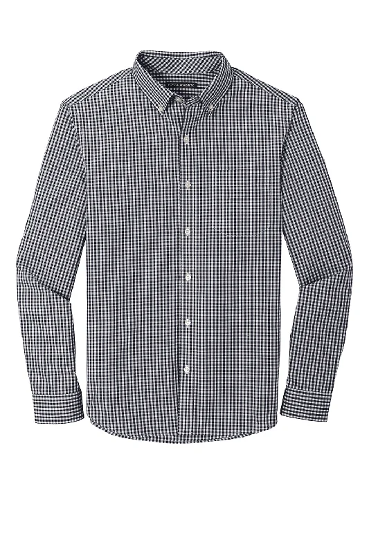 Port Authority Mens Broadcloth Gingham Wrinkle Resistant Long Sleeve Button Down Shirt w/ Pocket - Black/White