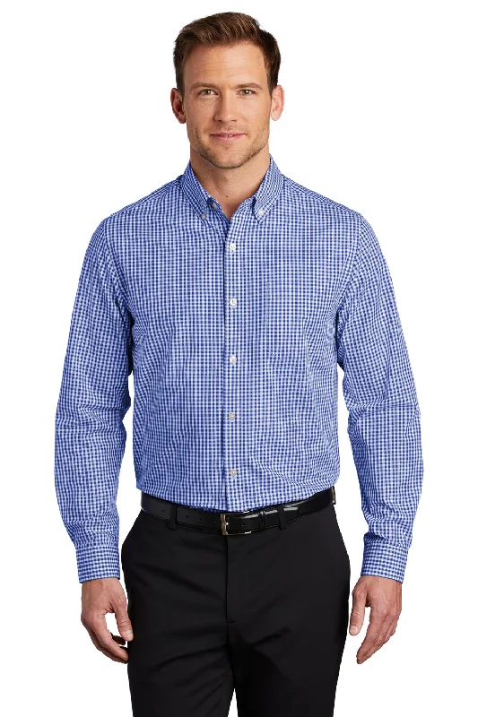 Port Authority Mens Broadcloth Gingham Wrinkle Resistant Long Sleeve Button Down Shirt w/ Pocket - True Royal Blue/White