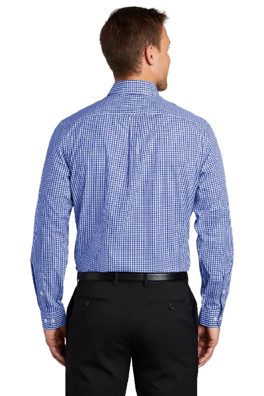 Port Authority Mens Broadcloth Gingham Wrinkle Resistant Long Sleeve Button Down Shirt w/ Pocket - True Royal Blue/White