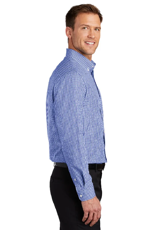 Port Authority Mens Broadcloth Gingham Wrinkle Resistant Long Sleeve Button Down Shirt w/ Pocket - True Royal Blue/White