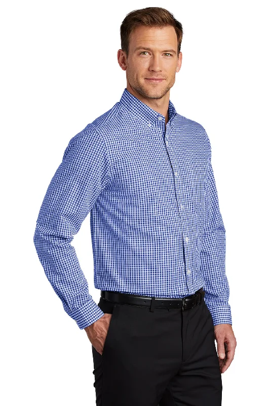 Port Authority Mens Broadcloth Gingham Wrinkle Resistant Long Sleeve Button Down Shirt w/ Pocket - True Royal Blue/White