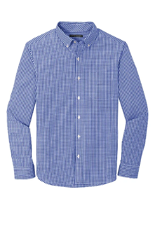 Port Authority Mens Broadcloth Gingham Wrinkle Resistant Long Sleeve Button Down Shirt w/ Pocket - True Royal Blue/White