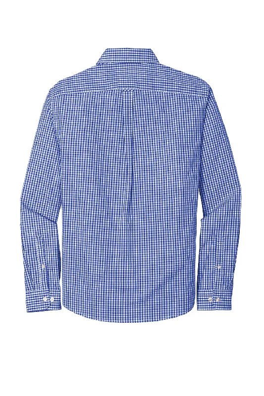 Port Authority Mens Broadcloth Gingham Wrinkle Resistant Long Sleeve Button Down Shirt w/ Pocket - True Royal Blue/White