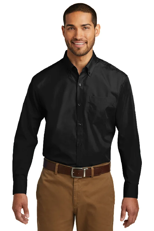 Port Authority Mens Carefree Stain Resistant Long Sleeve Button Down Shirt w/ Pocket - Deep Black