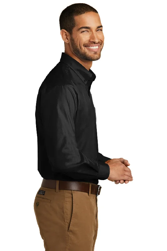 Port Authority Mens Carefree Stain Resistant Long Sleeve Button Down Shirt w/ Pocket - Deep Black