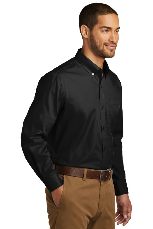 Port Authority Mens Carefree Stain Resistant Long Sleeve Button Down Shirt w/ Pocket - Deep Black