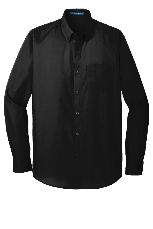 Port Authority Mens Carefree Stain Resistant Long Sleeve Button Down Shirt w/ Pocket - Deep Black