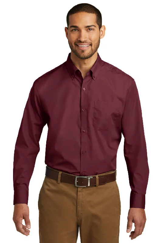 Port Authority Mens Carefree Stain Resistant Long Sleeve Button Down Shirt w/ Pocket - Burgundy