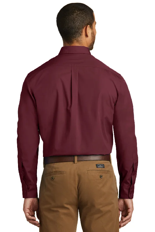 Port Authority Mens Carefree Stain Resistant Long Sleeve Button Down Shirt w/ Pocket - Burgundy