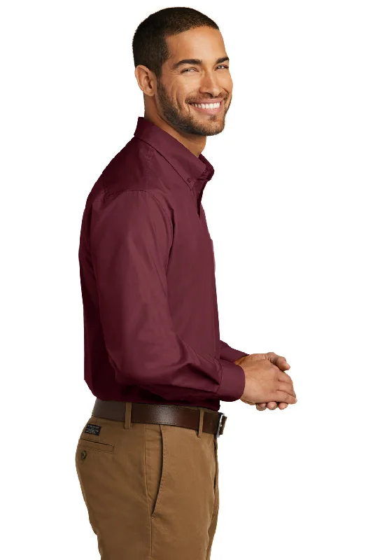 Port Authority Mens Carefree Stain Resistant Long Sleeve Button Down Shirt w/ Pocket - Burgundy