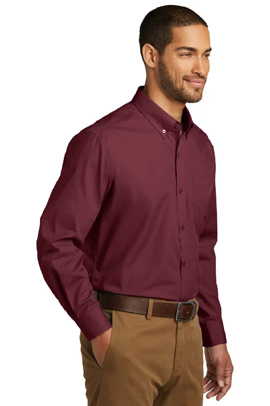 Port Authority Mens Carefree Stain Resistant Long Sleeve Button Down Shirt w/ Pocket - Burgundy