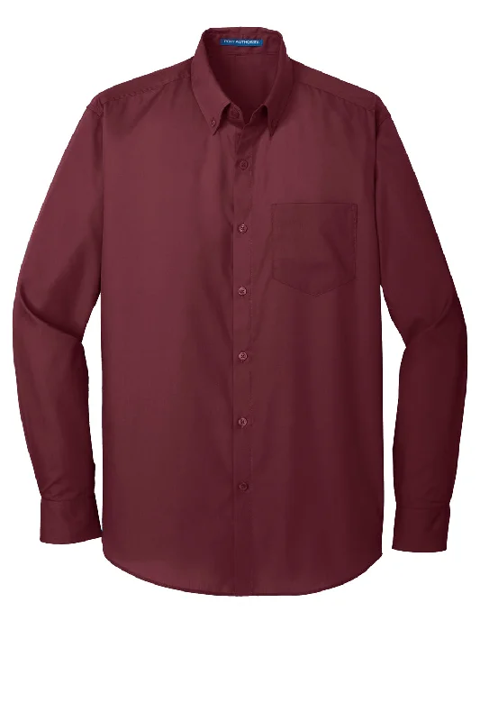 Port Authority Mens Carefree Stain Resistant Long Sleeve Button Down Shirt w/ Pocket - Burgundy