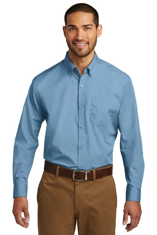 Port Authority Mens Carefree Stain Resistant Long Sleeve Button Down Shirt w/ Pocket - Carolina Blue