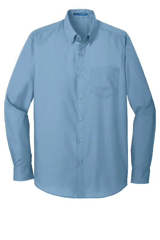 Port Authority Mens Carefree Stain Resistant Long Sleeve Button Down Shirt w/ Pocket - Carolina Blue