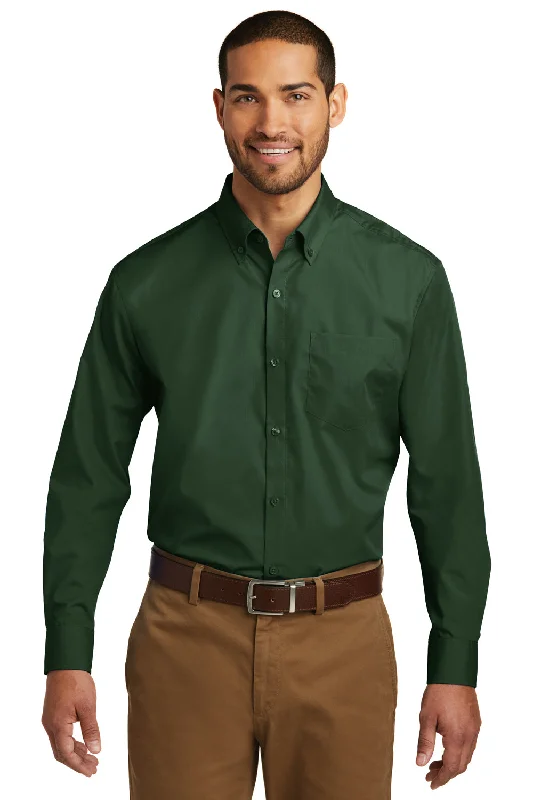 Port Authority Mens Carefree Stain Resistant Long Sleeve Button Down Shirt w/ Pocket - Deep Forest Green