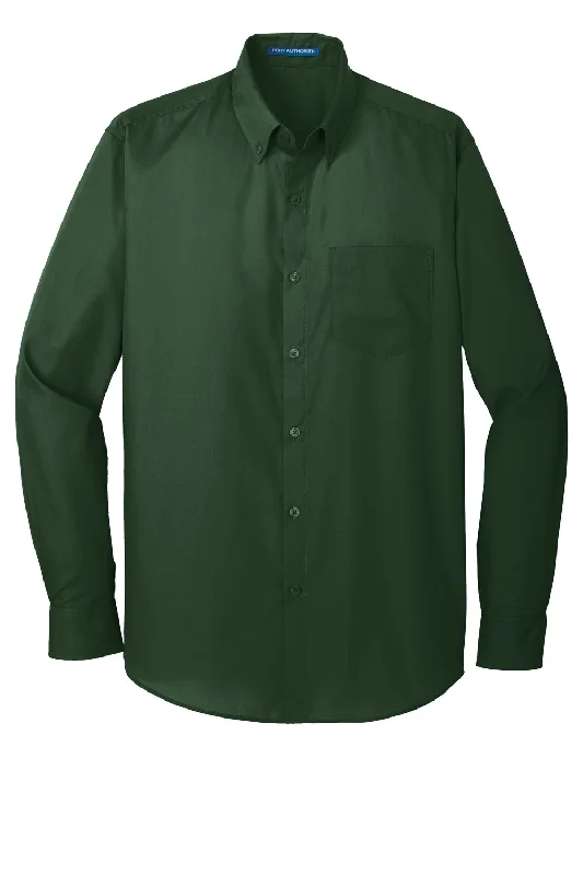 Port Authority Mens Carefree Stain Resistant Long Sleeve Button Down Shirt w/ Pocket - Deep Forest Green