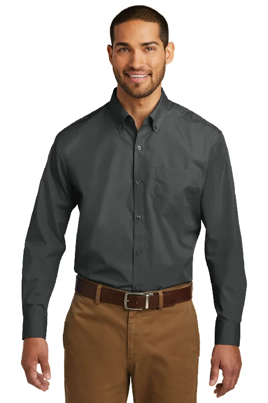 Port Authority Mens Carefree Stain Resistant Long Sleeve Button Down Shirt w/ Pocket - Graphite Grey