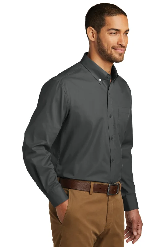 Port Authority Mens Carefree Stain Resistant Long Sleeve Button Down Shirt w/ Pocket - Graphite Grey