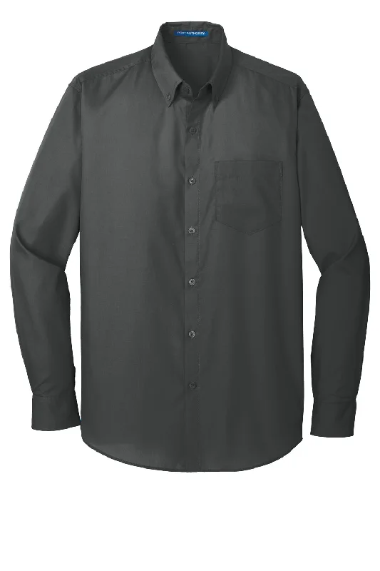 Port Authority Mens Carefree Stain Resistant Long Sleeve Button Down Shirt w/ Pocket - Graphite Grey