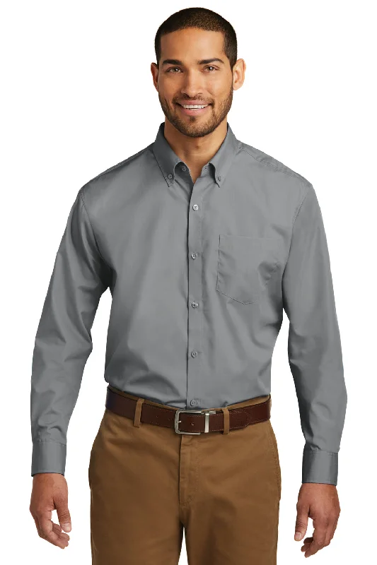 Port Authority Mens Carefree Stain Resistant Long Sleeve Button Down Shirt w/ Pocket - Gusty Grey