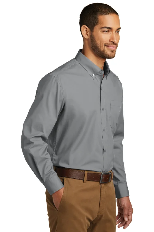 Port Authority Mens Carefree Stain Resistant Long Sleeve Button Down Shirt w/ Pocket - Gusty Grey