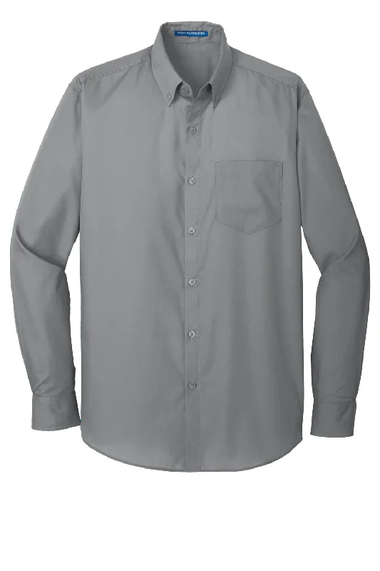 Port Authority Mens Carefree Stain Resistant Long Sleeve Button Down Shirt w/ Pocket - Gusty Grey